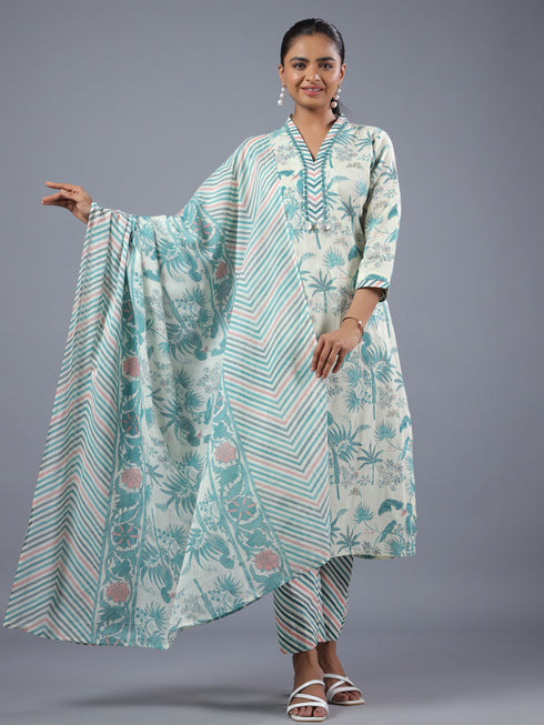 Cream Botanical Printed Kurta Set