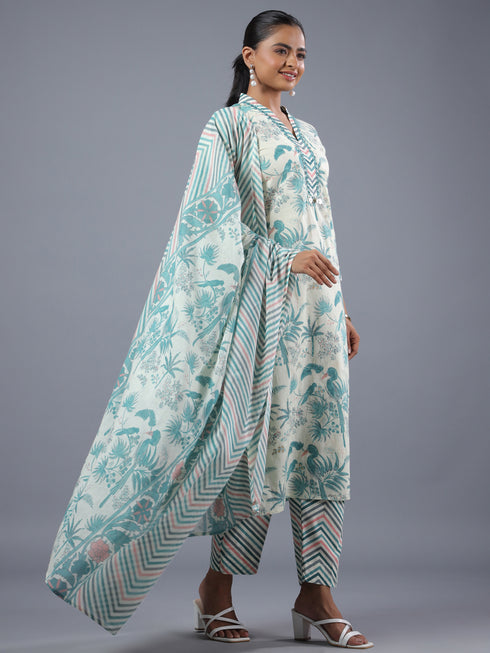 Cream Botanical Printed Kurta Set