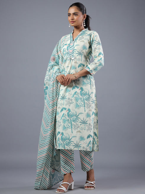 Cream Botanical Printed Kurta Set