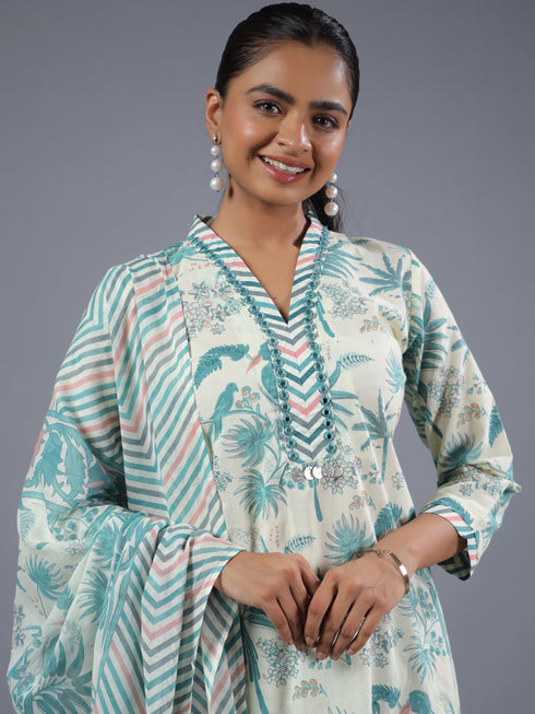 Cream Botanical Printed Kurta Set