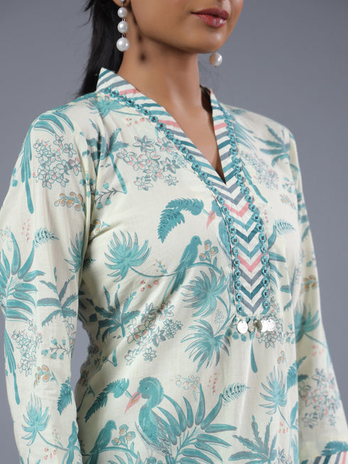 Cream Botanical Printed Kurta Set