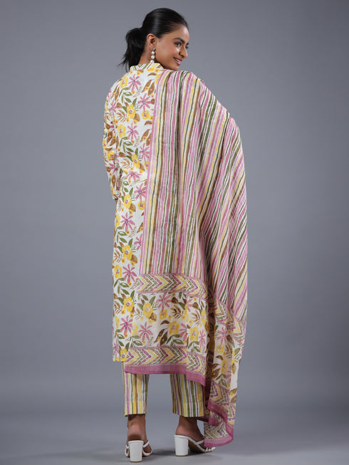 Yellow Cotton Botanical Print With Mirror Work Kurti Set