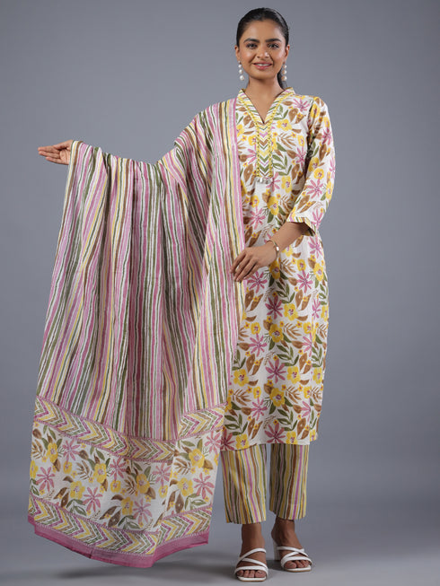 Yellow Cotton Botanical Print With Mirror Work Kurti Set