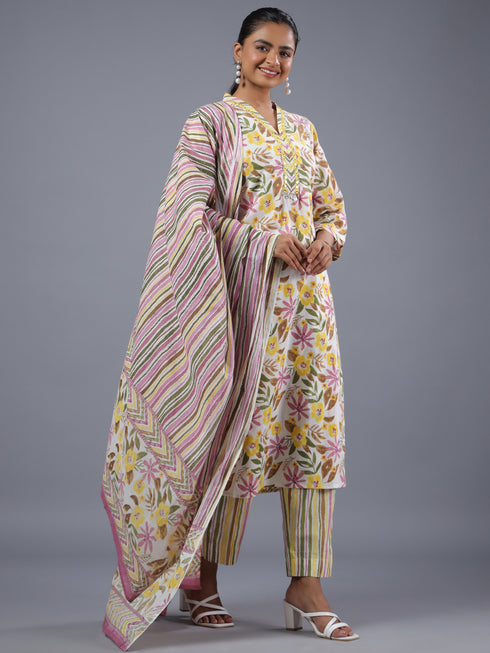 Yellow Cotton Botanical Print With Mirror Work Kurti Set
