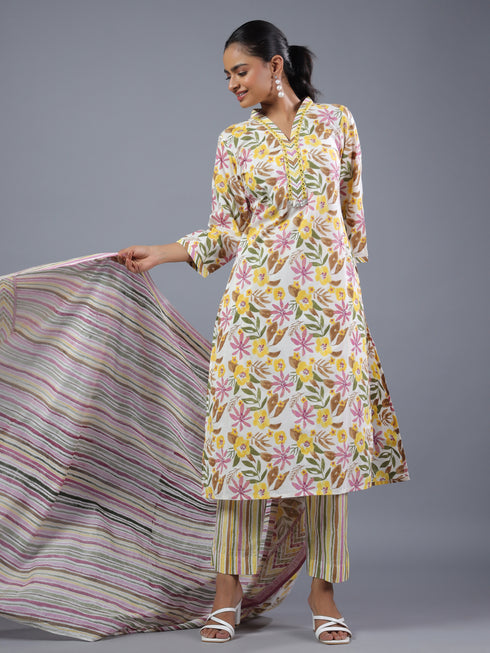 Yellow Cotton Botanical Print With Mirror Work Kurti Set