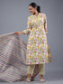 Yellow Cotton Botanical Print With Mirror Work Kurti Set