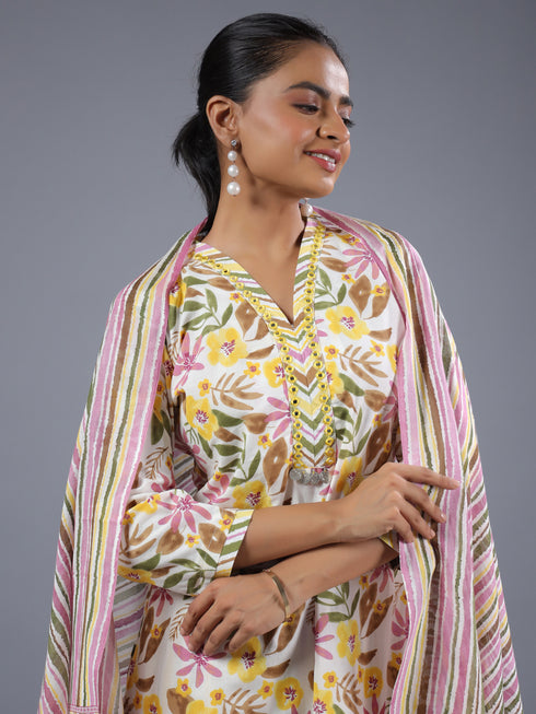 Yellow Cotton Botanical Print With Mirror Work Kurti Set