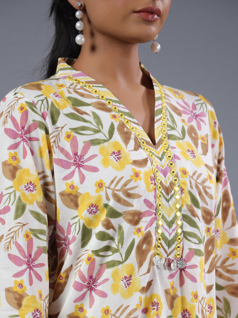 Yellow Cotton Botanical Print With Mirror Work Kurti Set