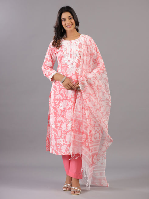 Peach Floral Print Embroidered Kurti Set