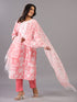 Peach Floral Print Embroidered Kurti Set