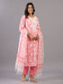 Peach Floral Print Embroidered Kurti Set