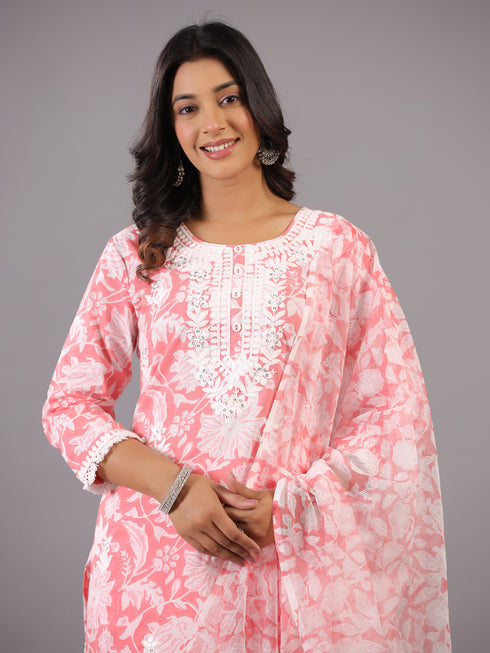Peach Floral Print Embroidered Kurti Set
