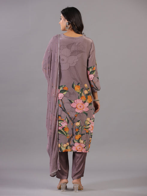 Grey Classic Print Embroidered Kurti Set
