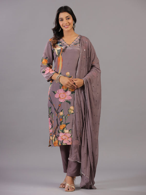Grey Classic Print Embroidered Kurti Set