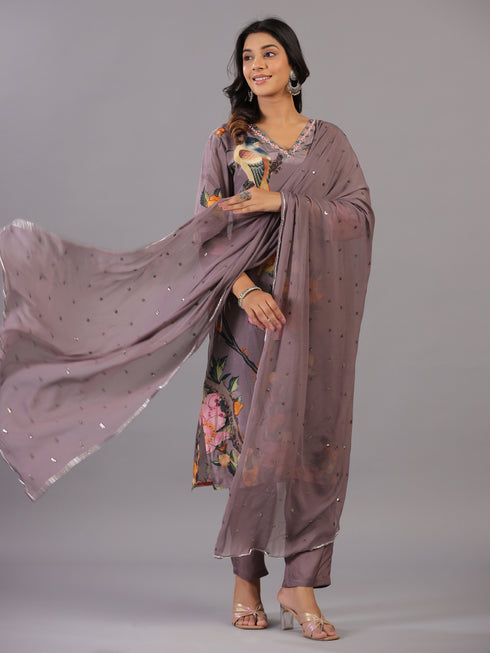 Grey Classic Print Embroidered Kurti Set