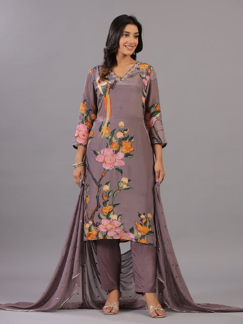 Grey Classic Print Embroidered Kurti Set