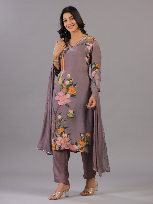 Grey Classic Print Embroidered Kurti Set
