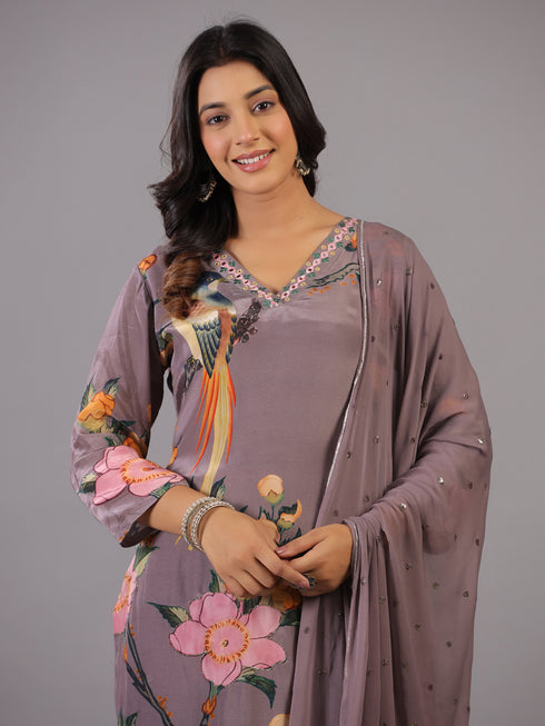 Grey Classic Print Embroidered Kurti Set