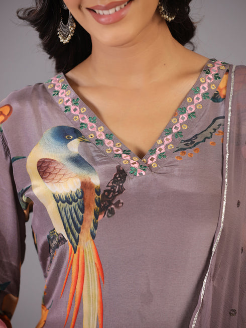 Grey Classic Print Embroidered Kurti Set
