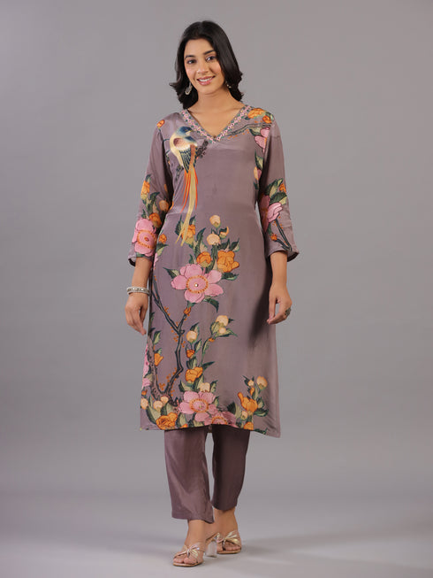 Grey Classic Print Embroidered Kurti Set