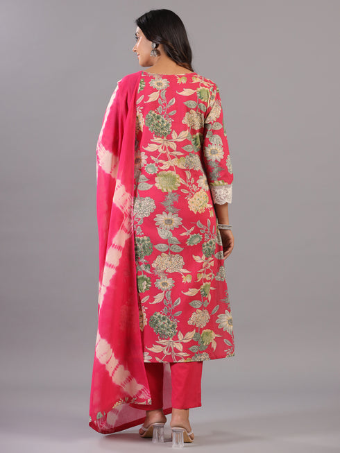 Magenta Floral Print Beads and Lace Work Kurti Set