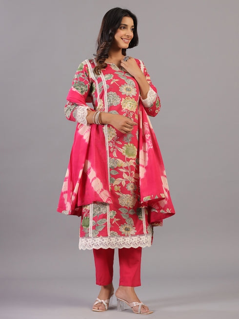 Magenta Floral Print Beads and Lace Work Kurti Set