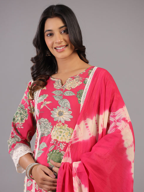 Magenta Floral Print Beads and Lace Work Kurti Set