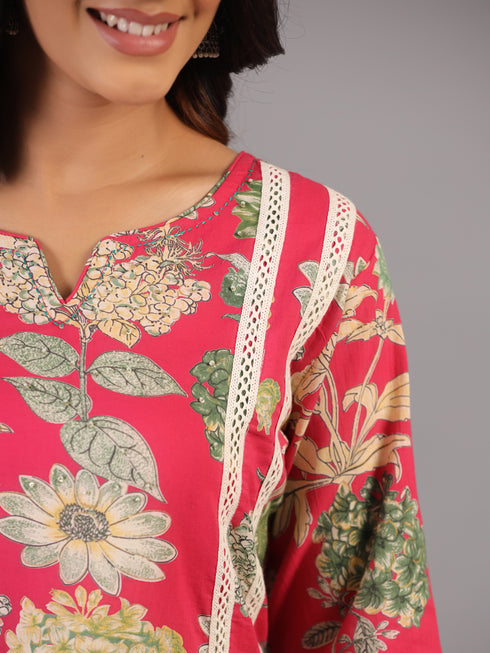 Magenta Floral Print Beads and Lace Work Kurti Set