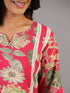Magenta Floral Print Beads and Lace Work Kurti Set