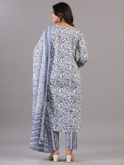 Blue Kalamkari Print thread Work kurti Set