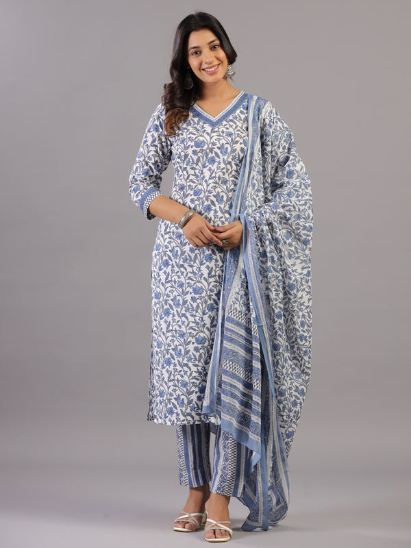 Blue Kalamkari Print thread Work kurti Set