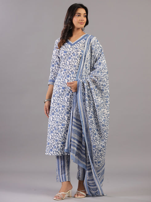 Blue Kalamkari Print thread Work kurti Set