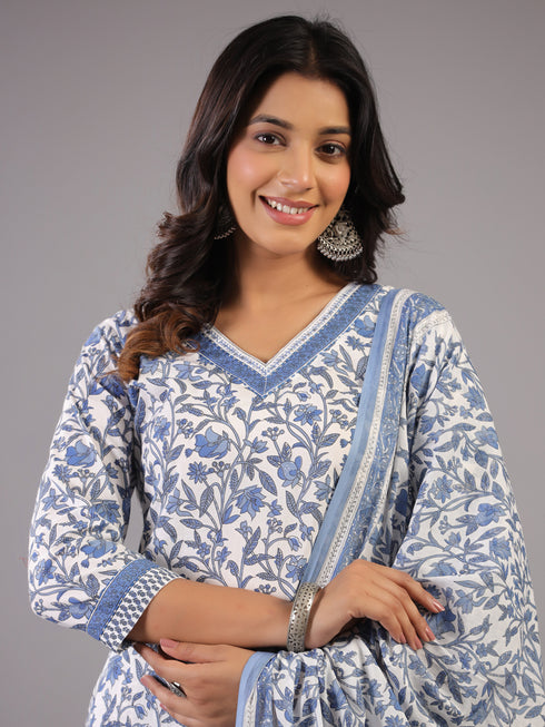Blue Kalamkari Print thread Work kurti Set