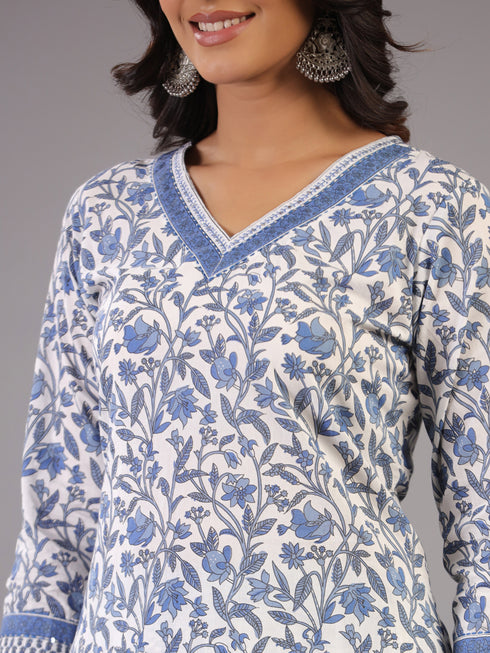 Blue Kalamkari Print thread Work kurti Set