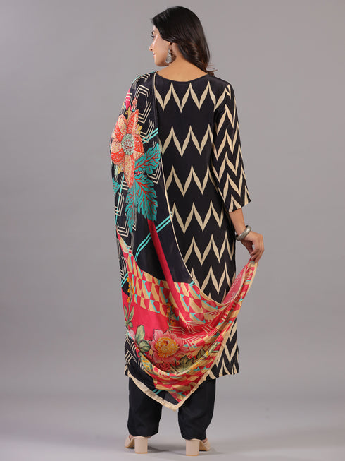 Black Chevron Print Bead Work Kurti Set