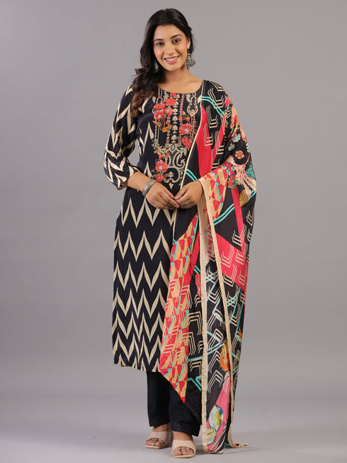 Black Chevron Print Bead Work Kurti Set