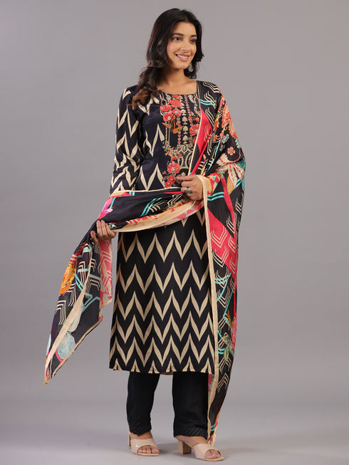 Black Chevron Print Bead Work Kurti Set