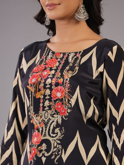 Black Chevron Print Bead Work Kurti Set