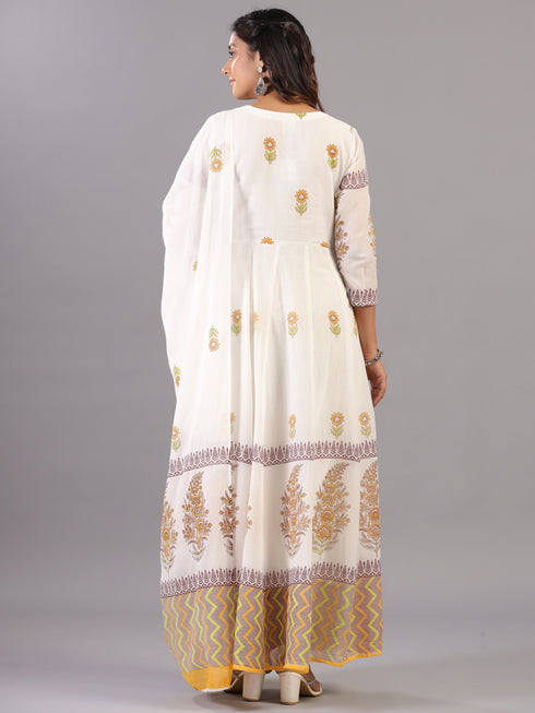 Cream Floral Print Anarkali Kurti Set
