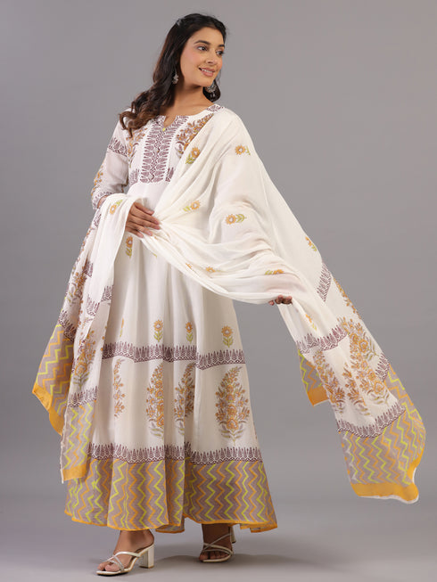 Cream Floral Print Anarkali Kurti Set