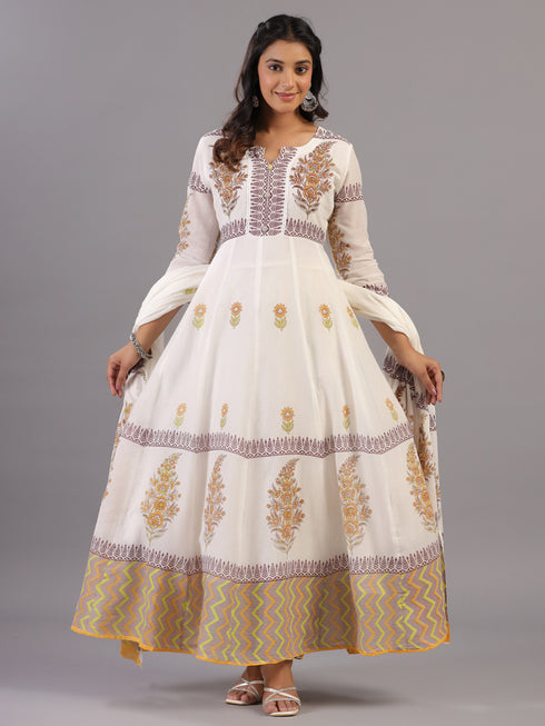 Cream Floral Print Anarkali Kurti Set