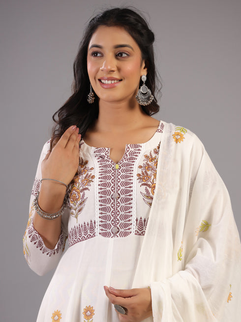 Cream Floral Print Anarkali Kurti Set