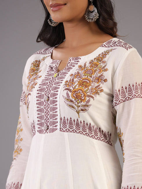 Cream Floral Print Anarkali Kurti Set