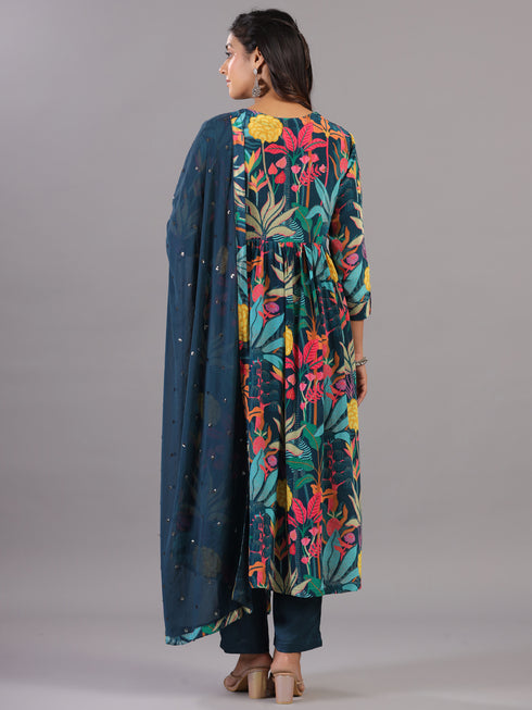 Teal Botanical Print Shell Work Kurti Set