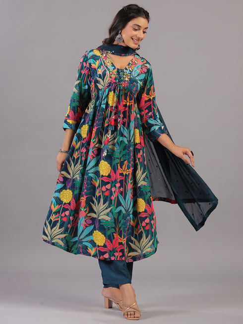 Teal Botanical Print Shell Work Kurti Set