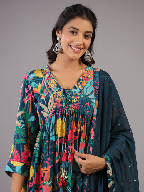 Teal Botanical Print Shell Work Kurti Set