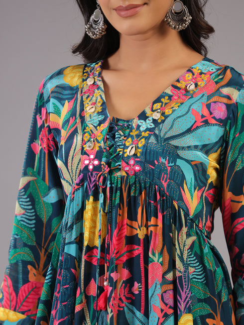 Teal Botanical Print Shell Work Kurti Set