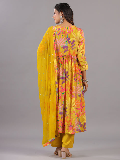 Yellow Botanical Print Shell Work Kurti Set