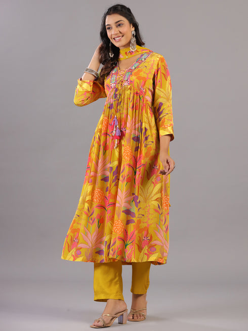 Yellow Botanical Print Shell Work Kurti Set