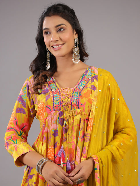 Yellow Botanical Print Shell Work Kurti Set